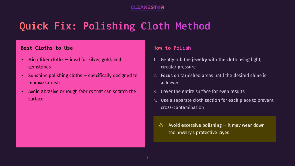 4 Quick Fix Polishing Cloth Method Infographic Titled &Quot;Quick Fix: Polishing Cloth Method&Quot; Showing Best Cloths To Use (Microfiber, Sunshine Polishing Cloths) And How To Polish Jewelry With A Cloth, Including A Warning About Excessive Polishing.