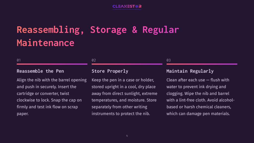 Infographic On Pen Maintenance: Reassembling The Pen, Storing Properly, And Maintaining Regularly. Includes Steps Like Aligning The Nib, Storing Upright, And Wiping With A Lint-Free Cloth.