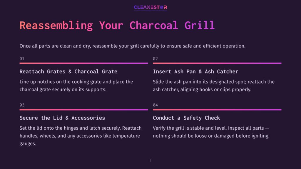 4 Reassembling Your Charcoal Grill Instructions For Reassembling A Charcoal Grill: Reattach Grates And Charcoal Pan, Secure The Lid, And Conduct A Safety Check. Text Is On A Dark Background With Purple And Pink Accents.