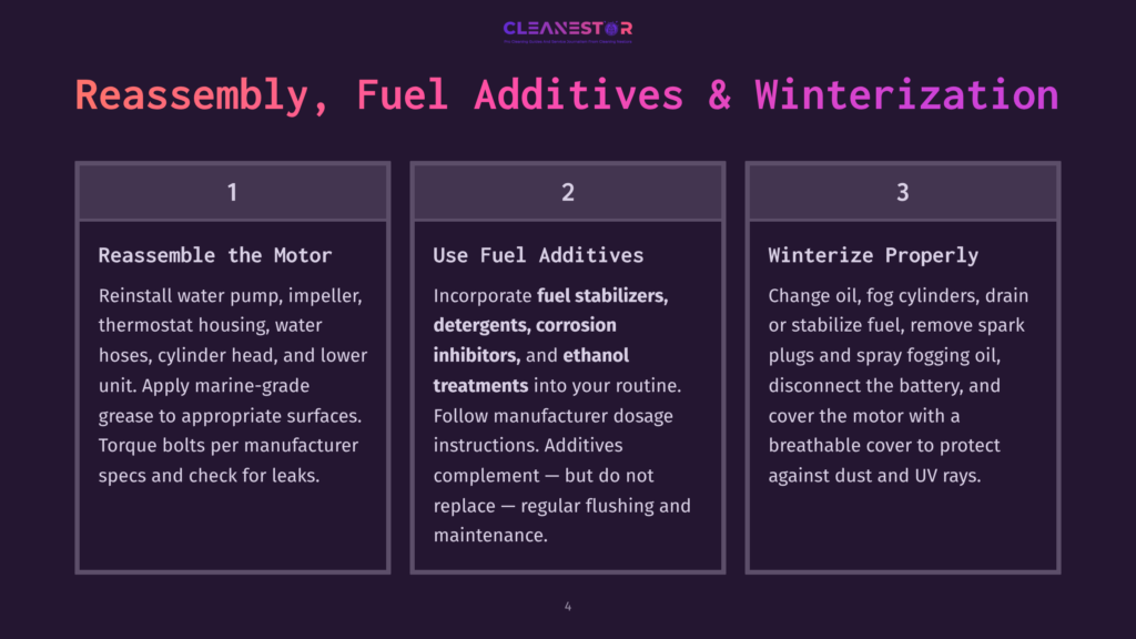 4 Reassembly Fuel Additives And Winterization Three Numbered Steps For Reassembly, Fuel Additives, And Winterization Of A Motor, With Text Detailing Instructions For Each Step.