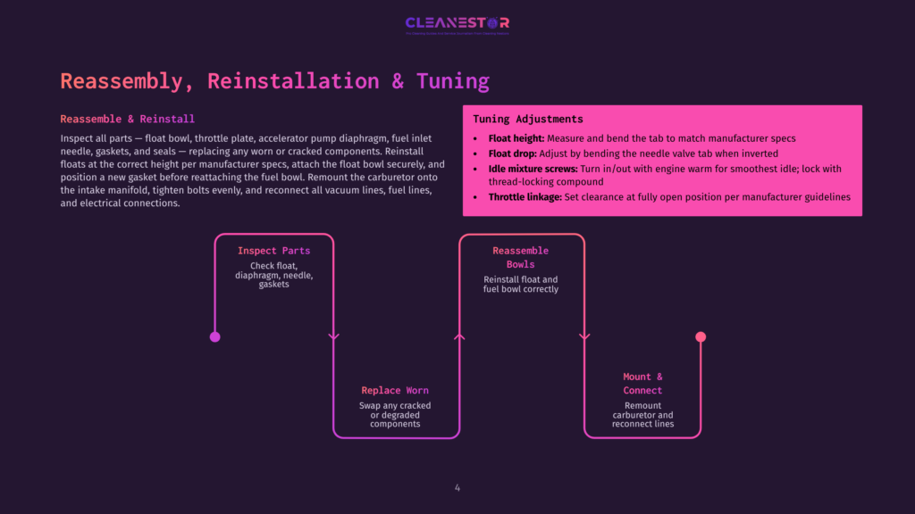 Diagram Illustrating Carburetor Reassembly, Reinstallation, And Tuning, With Steps For Inspection, Float Bowl Adjustments, And Throttle Linkage.