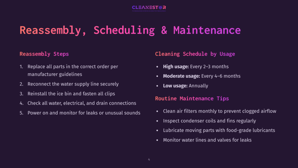 Slide Titled &Quot;Reassembly, Scheduling &Amp; Maintenance&Quot; With Text Detailing Reassembly Steps, Cleaning Schedule By Usage, And Routine Maintenance Tips For A Cleanestor Ice Machine.