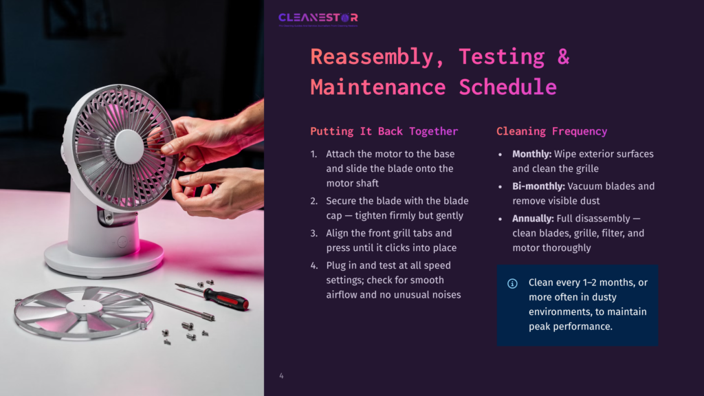 Hands Reassembling A White Cleanestor Fan, Showing The Motor Attachment And Blade Installation Steps. Text Details Fan Maintenance Schedule: Monthly Cleaning, Bi-Monthly Vacuuming, And Annual Disassembly.