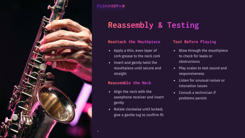 4 Reassembly And Testing 1 Close-Up Of Hands Assembling A Saxophone Mouthpiece, With Text Overlay &Quot;Reassembly &Amp; Testing&Quot; And Instructions For Cleaning And Playing.