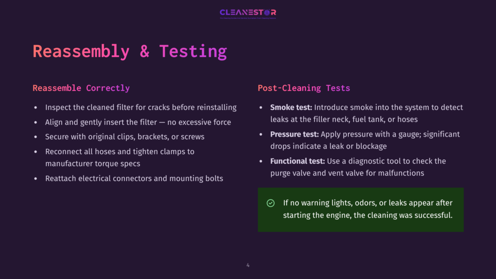 Instruction Steps For Reassembling And Testing A Filter System, With A Purple Background And A Cleanestor Logo In The Top Left Corner.