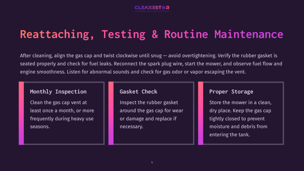 Diagram Outlining Reattaching, Testing, And Routine Maintenance For A Lawnmower, Detailing Monthly Inspection, Gasket Check, And Proper Storage.