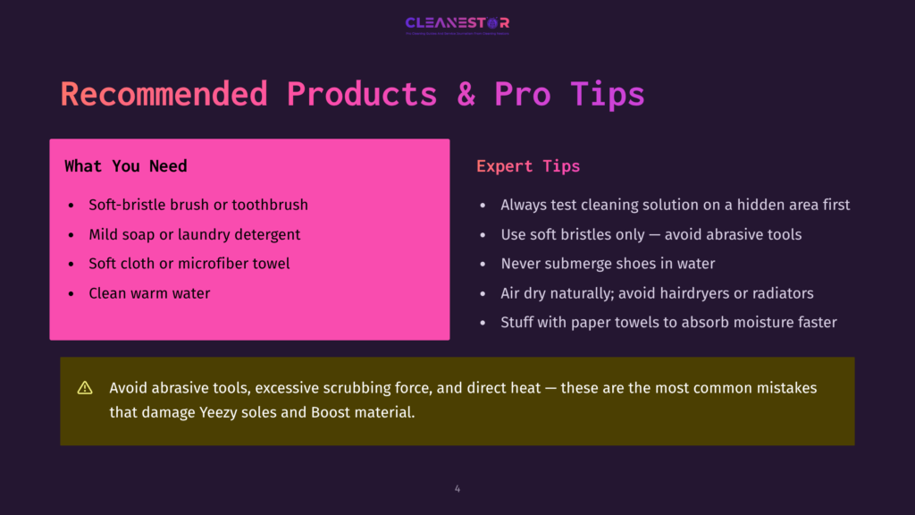 4 Recommended Products And Pro Tips Cleanestor Recommended Products And Pro Tips For Cleaning Sneakers: Soft-Bristle Brush, Mild Soap, Soft Cloth, And Warm Water Are Needed. Expert Tips Include Testing Solutions, Avoiding Abrasive Tools And Submerging Shoes.