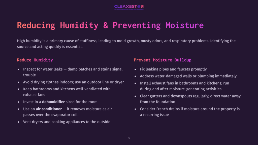 Slide Titled &Quot;Reducing Humidity &Amp; Preventing Moisture&Quot; With Tips Like &Quot;Inspect For Water Leaks&Quot; And &Quot;Fix Leaking Pipes And Faucets Promptly.