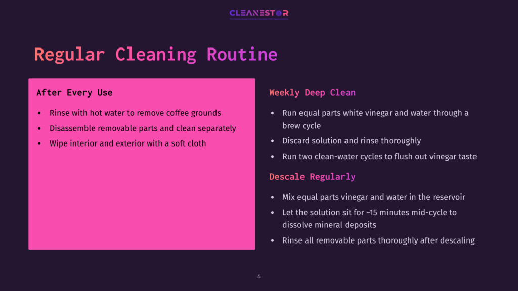 4 Regular Cleaning Routine Slide Displaying A Regular Cleaning Routine For A Coffee Maker, With Sections For &Quot;After Every Use&Quot; And &Quot;Weekly Deep Clean,&Quot; Detailing Steps Like Rinsing, Disassembly, And Descaling With Vinegar.