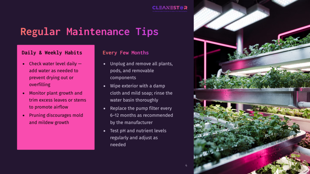 Hydroponic Garden With Rows Of Lush Green Plants Growing Under Bright Led Lights. Text Overlay Lists Regular Maintenance Tips For Indoor Gardening, Including Checking Water Levels And Pruning.