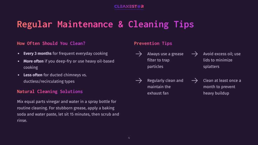 A Dark Purple Graphic Titled &Quot;Regular Maintenance &Amp; Cleaning Tips&Quot; From Cleanestor, Detailing How Often To Clean Kitchen Exhaust Fans, With Tips On Prevention And A Diy Cleaning Solution Using Vinegar And Baking Soda.