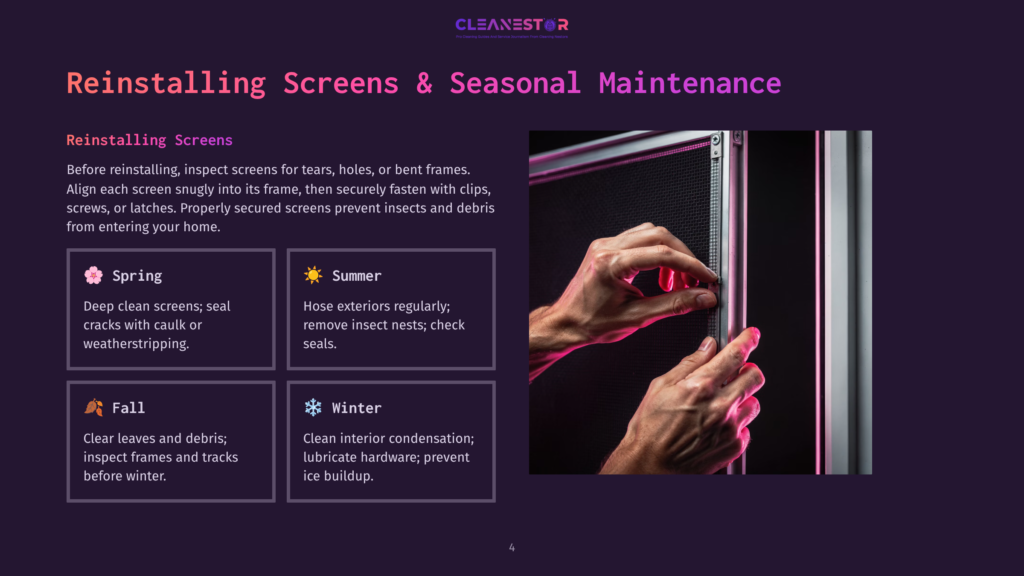 Close-Up Of Hands Reinstalling A Window Screen Into Its Frame, Showing The Mesh And Aluminum Edges. The Image Illustrates How To Secure Screens.