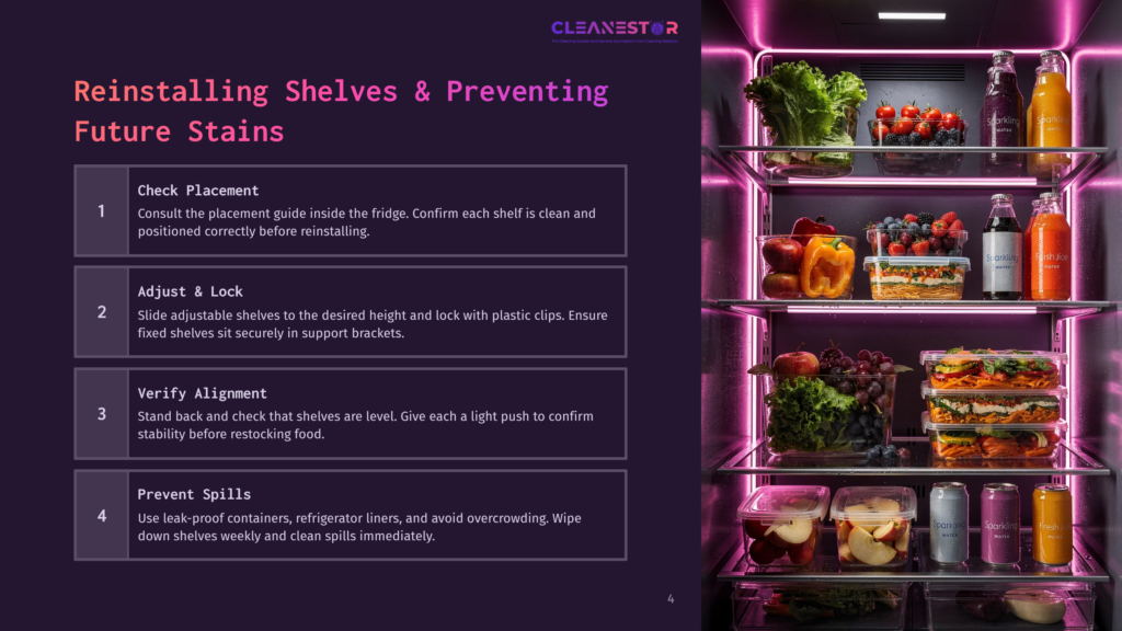 An Open Refrigerator With Four Shelves, Displaying Various Fresh Foods And Drinks, With A Guide To Reinstalling Shelves And Preventing Future Stains.