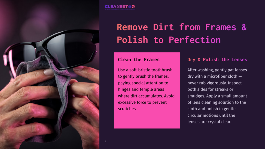 4 Remove Dirt From Frames And Polish To Perfection Hands Gently Clean Black Sunglasses With A Grey Cloth, With Text Overlaying The Image About Cleaning Frames And Polishing Lenses.