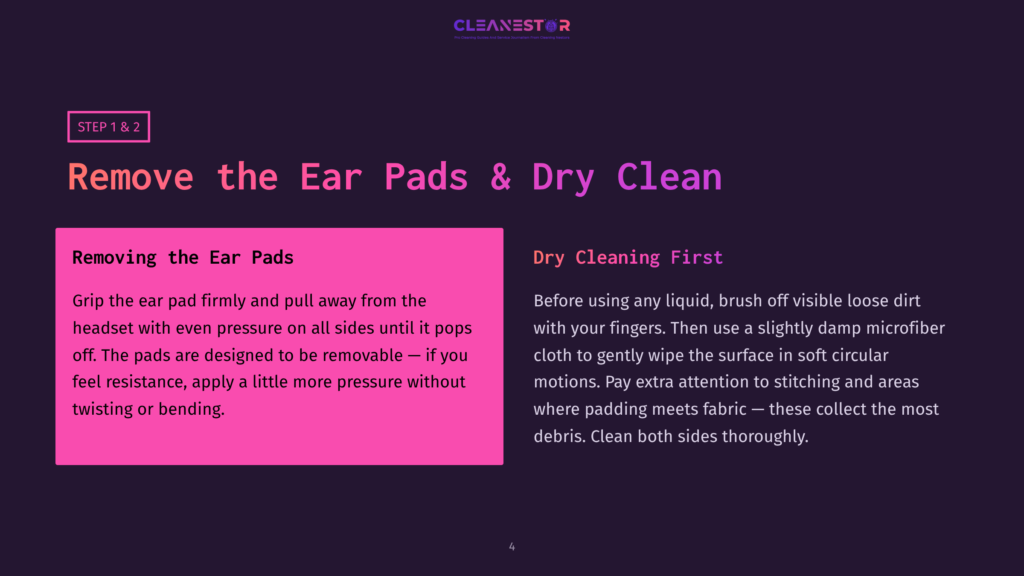 Dark Purple Slide With &Quot;Cleanestor&Quot; Logo At The Top. Text Reads: &Quot;Remove The Ear Pads &Amp; Dry Clean&Quot;. Left Side Details How To Remove Ear Pads, Right Side Explains Dry Cleaning.