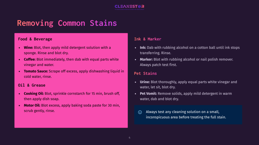 An Infographic With A Purple Background Detailing Methods For Removing Common Stains Such As Wine, Coffee, Tomato Sauce, Cooking Oil, Motor Oil, Ink, Marker, Urine, And Pet Vomit. It Emphasizes The Importance Of Testing Cleaning Solutions On A Small, Inconspicuous Area First.