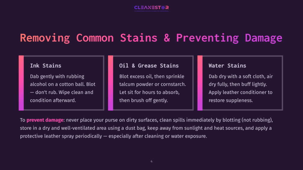 4 Removing Common Stains And Preventing Damage A Graphic Titled &Quot;Removing Common Stains &Amp; Preventing Damage&Quot; With Three Sections: Ink Stains, Oil &Amp; Grease Stains, And Water Stains, Offering Cleaning Advice For Leather Goods.