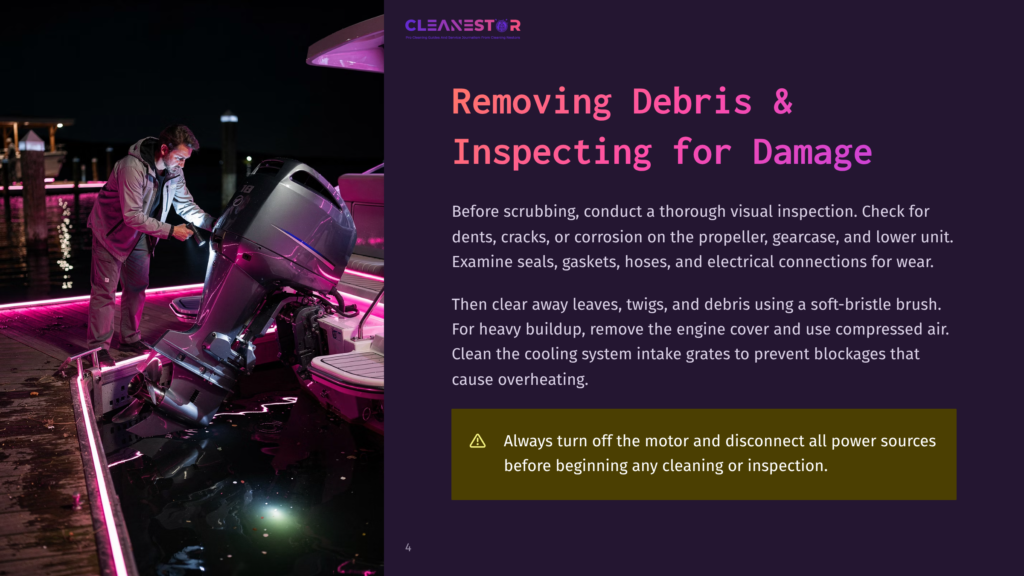 A Person Inspects A Boat'S Outboard Motor At Night, With Dock Lights Reflecting On The Water. Text Overlay Reads &Quot;Cleanestor&Quot; And &Quot;Removing Debris &Amp; Inspecting For Damage.