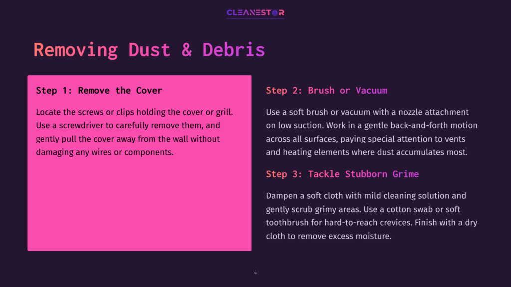 Bright Pink Slide With Text: &Quot;Step 1: Remove The Cover&Quot; And &Quot;Step 2: Brush Or Vacuum&Quot; And &Quot;Step 3: Tackle Stubborn Grime.&Quot; Instructions For Cleaning Dust And Debris From Electronics.
