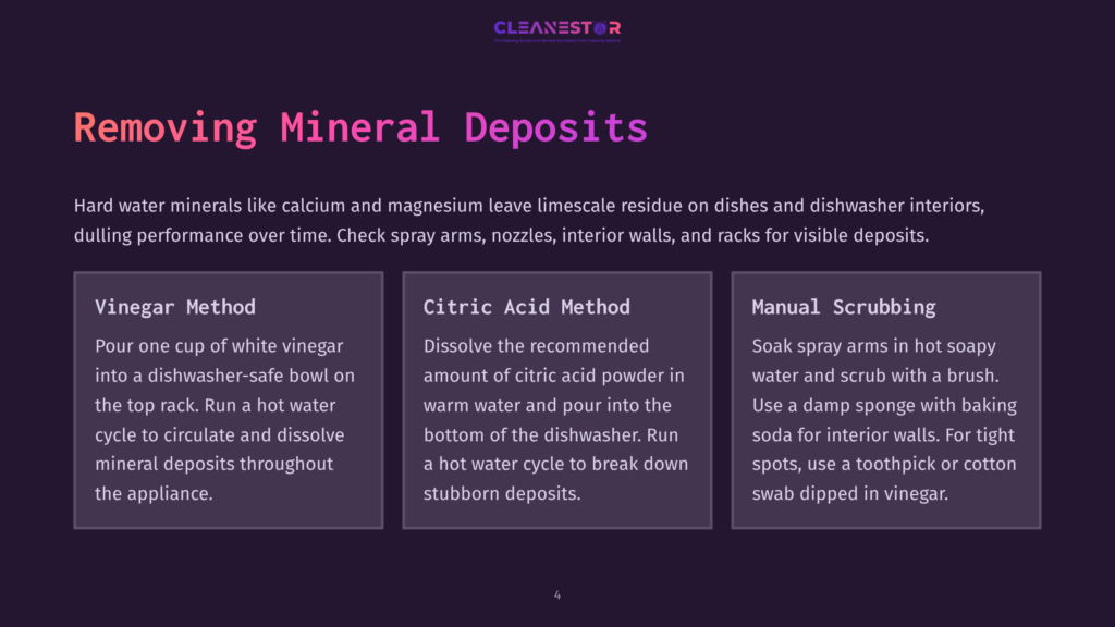 Cleanestor Presentation Slide Titled &Quot;Removing Mineral Deposits&Quot; With Three Methods: Vinegar Method, Citric Acid Method, And Manual Scrubbing, Detailing How To Remove Hard Water Mineral Residue.