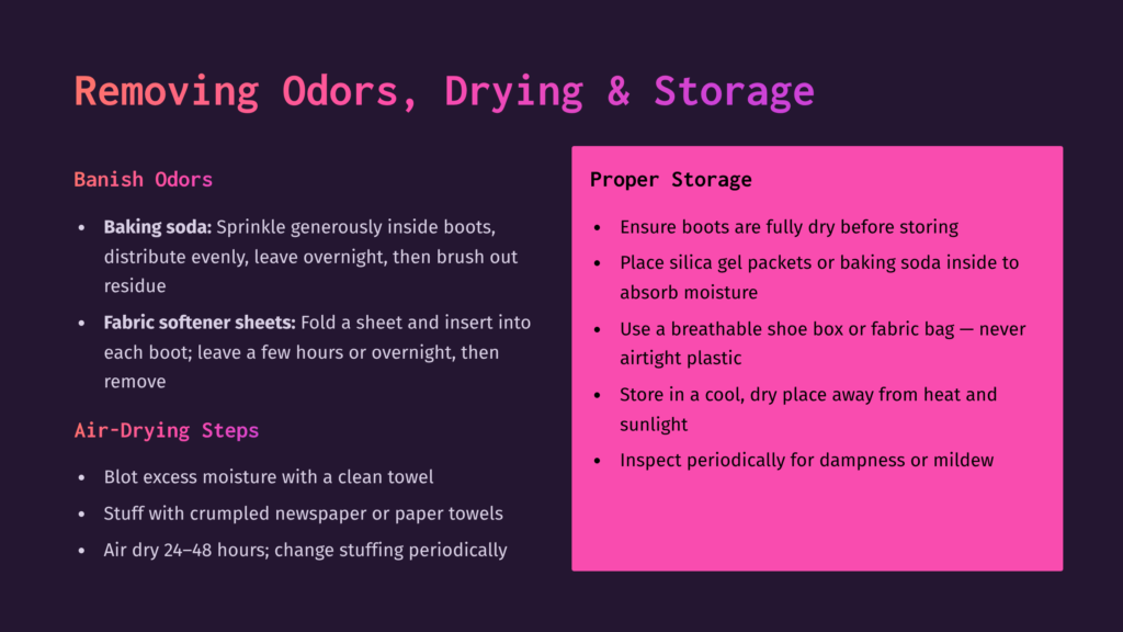 A Dark Purple Background With A Pink Rectangle On The Right. The Pink Rectangle Contains Text About Proper Boot Storage, Including Using Silica Gel Packets And Breathable Shoe Boxes. The Dark Purple Section Has Text About Removing Odors, Drying, And Storing Boots, With Bullet Points For Baking Soda And Fabric Softener Sheets.