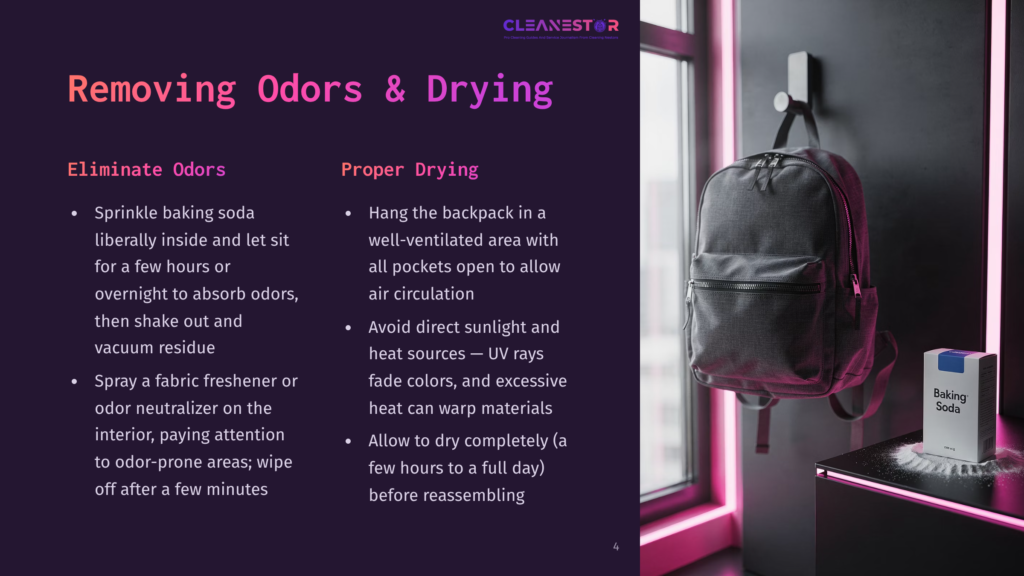 A Backpack Hangs On A Wall Hook Next To A Window, With Baking Soda And Instructions For Removing Odors And Drying. &Quot;Cleanestor&Quot; Logo Visible.