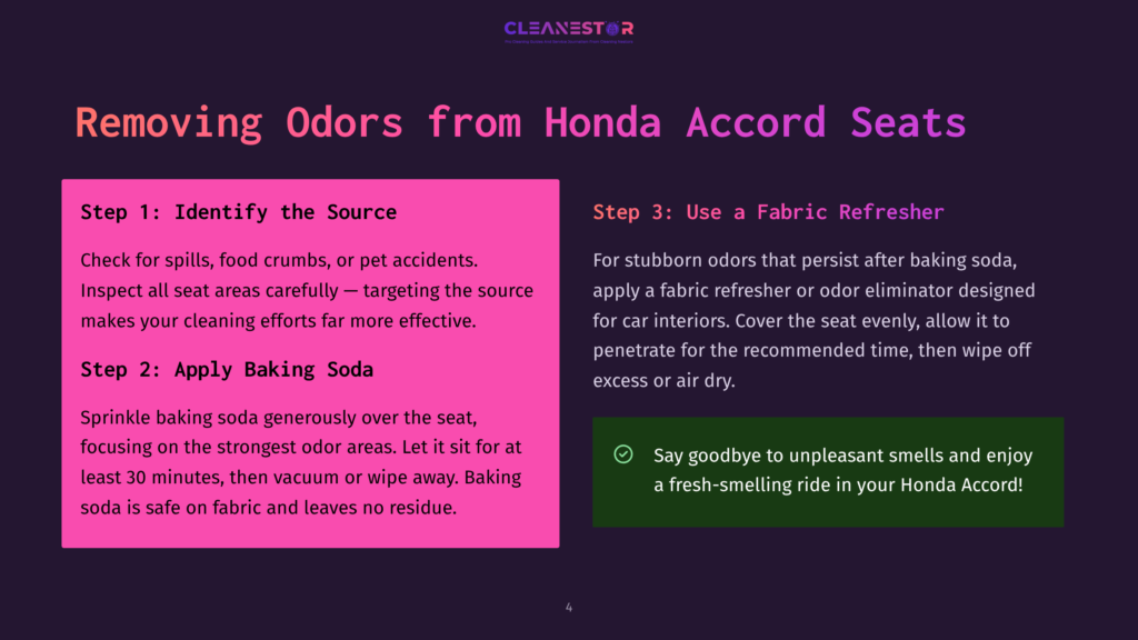 Step-By-Step Instructions On A Purple Background For Removing Odors From Honda Accord Seats, Detailing The Source Identification, Baking Soda Application, And Fabric Refresher Use.