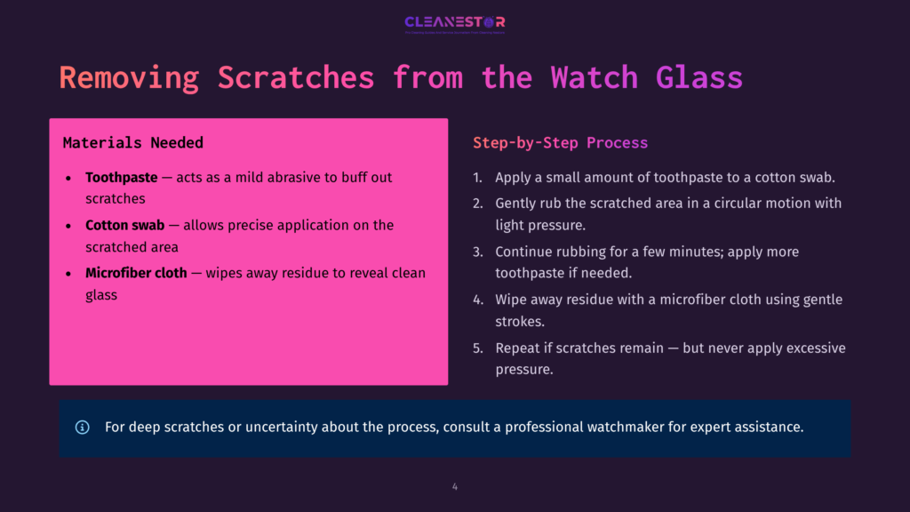 Slide Titled &Quot;Removing Scratches From The Watch Glass&Quot; Detailing Materials Like Toothpaste, Cotton Swabs, And Microfiber Cloth, And A Step-By-Step Process For Scratch Removal.