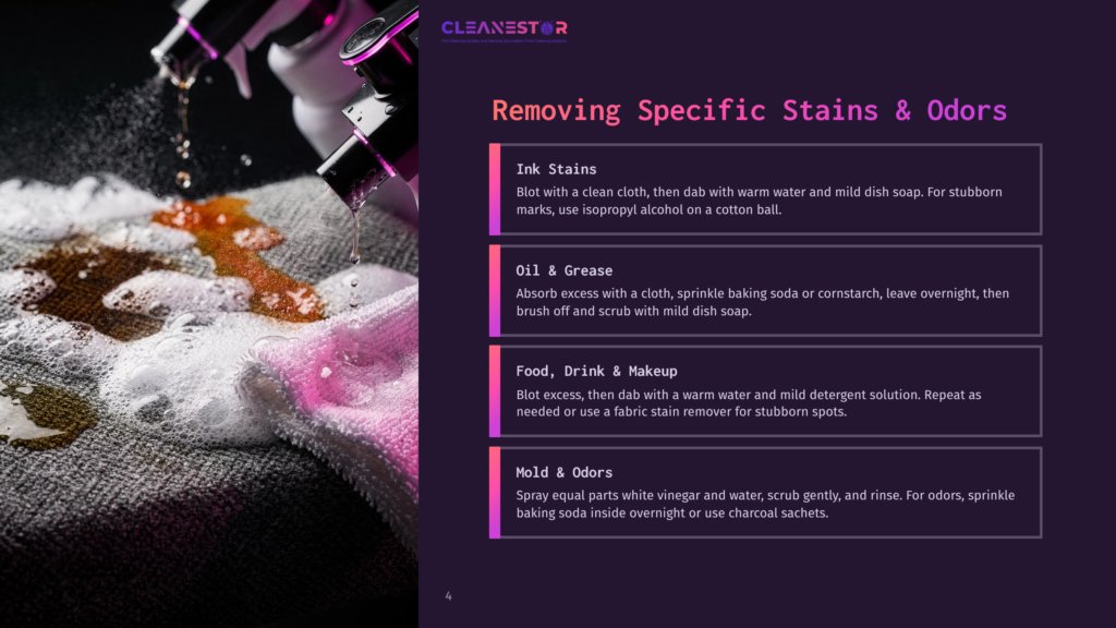Close-Up Of A Cleaning Spray Bottle Misting A Textured Fabric Surface With A Dark Stain And Foamy Cleaning Solution, With A Pink Cloth Nearby. Text Overlay Reads &Quot;Cleanestor&Quot; And &Quot;Removing Specific Stains &Amp; Odors.