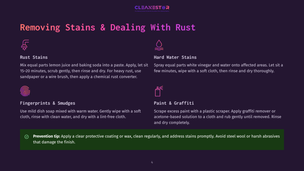 Graphic With Text &Quot;Removing Stains &Amp; Dealing With Rust&Quot; And Tips For Removing Rust Stains, Hard Water Stains, Fingerprints, Smudges, And Paint Or Graffiti.