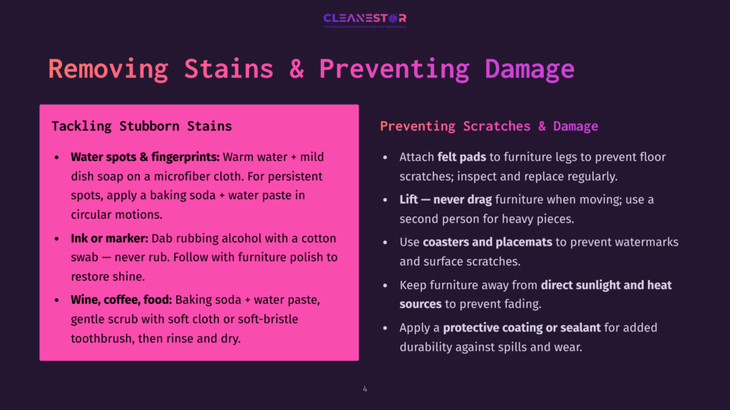 An Infographic Split Into Two Sections: &Quot;Removing Stains&Quot; And &Quot;Preventing Damage,&Quot; With Text Detailing Methods To Tackle Water Spots, Ink, And Food Stains, As Well As Strategies To Prevent Scratches And Surface Damage.