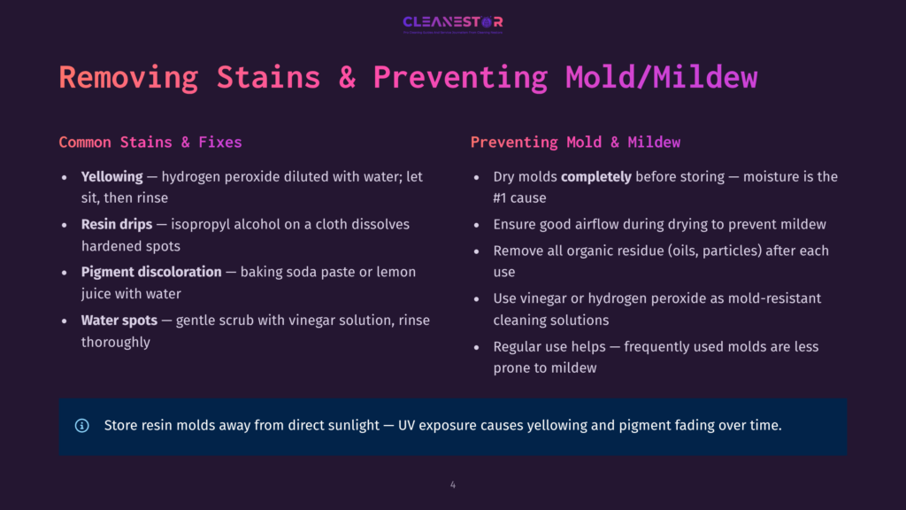 Presentation Slide Titled &Quot;Removing Stains &Amp; Preventing Mold/Mildew&Quot; With Bullet Points On Common Stains, Fixes, And Prevention Tips.