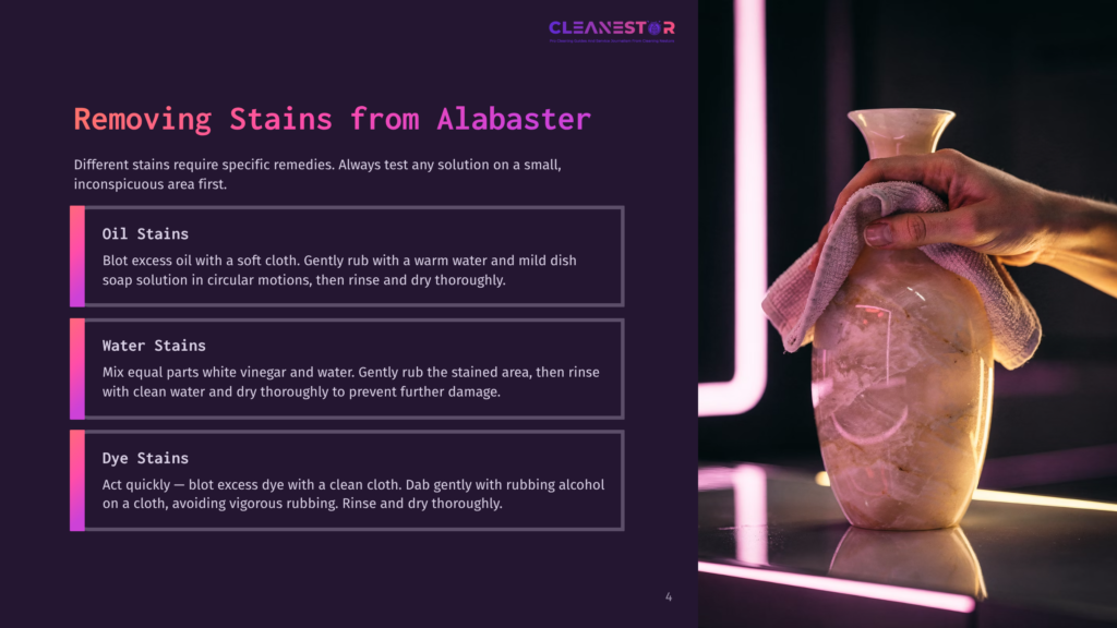 4 Removing Stains From Alabaster A Hand Gently Wipes A Delicate Alabaster Vase With A Pink Cloth, Showcasing The Natural Beauty Of The Stone. Text Overlays Provide Tips For Removing Oil, Water, And Dye Stains From Alabaster.