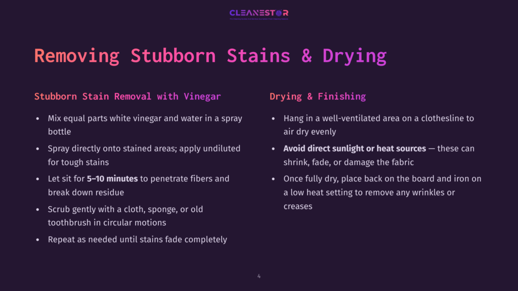 4 Removing Stubborn Stains And Drying 1 Cleanestor Presentation Slide Titled &Quot;Removing Stubborn Stains &Amp; Drying&Quot;. Left Side Details Stain Removal With Vinegar, Right Side Covers Drying And Finishing With Bullet Points And Icons.