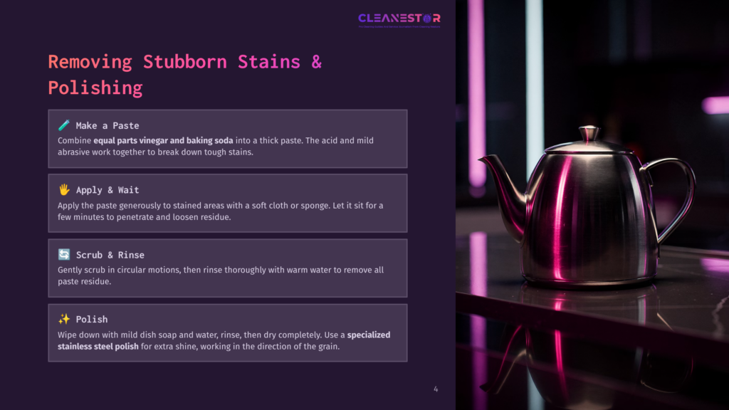 A Shiny Stainless Steel Teapot Sits On A Dark, Reflective Surface, With A Purple And Pink Neon Light Glow In The Background. Text On The Left Details How To Remove Stubborn Stains And Polish Metal.