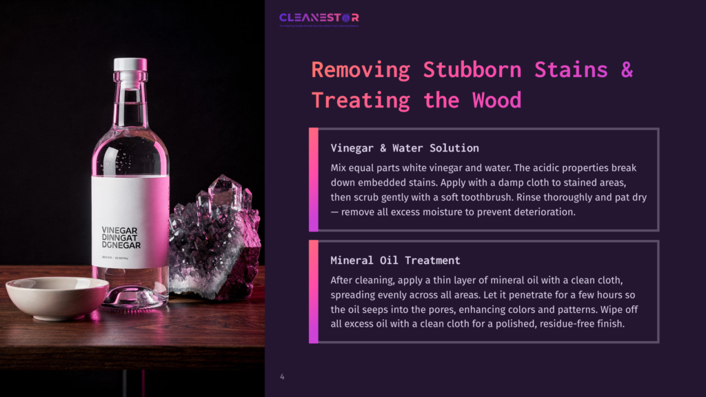 4 Removing Stubborn Stains And Treating The Wood 2 A Clear Glass Bottle Of White Vinegar With A Label Reading &Quot;Vinegar Dinngat Dgnegat&Quot; Sits Next To A Cluster Of Amethyst Crystals And A Small, Light-Colored Ceramic Bowl On A Dark Surface.