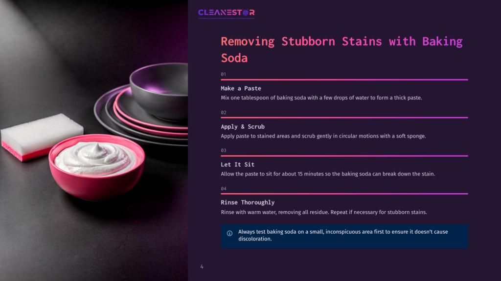 Cleanestor Logo And Instructions For Removing Stubborn Stains With Baking Soda Paste. The Steps Include Mixing A Paste, Applying And Scrubbing, Letting It Sit, And Rinsing.