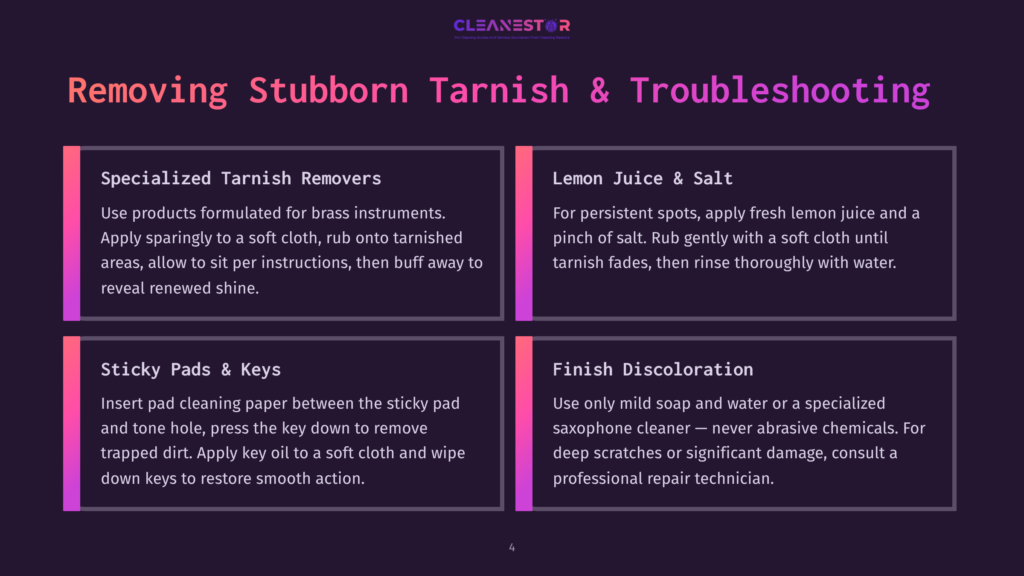 4 Removing Stubborn Tarnish And Troubleshooting Infographic Detailing How To Remove Stubborn Tarnish And Troubleshoot Brass Instruments, With Sections On Specialized Tarnish Removers, Lemon Juice And Salt, Sticky Pads And Keys, And Finish Discoloration.