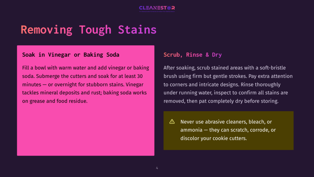 An Infographic Shows Two Methods For Removing Tough Stains: Soaking In Vinegar Or Baking Soda, And Scrubbing With A Soft-Bristle Brush, Rinsing, And Drying. The Background Is Dark Purple.