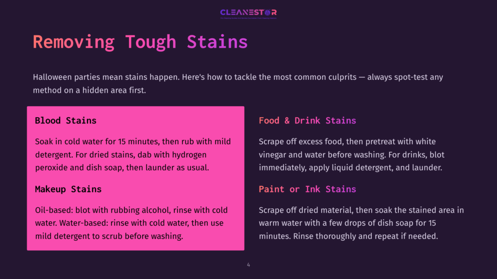 A Graphic Titled &Quot;Removing Tough Stains&Quot; With Sections On &Quot;Blood Stains&Quot; And &Quot;Makeup Stains&Quot; On The Left, And &Quot;Food &Amp; Drink Stains&Quot; And &Quot;Paint Or Ink Stains&Quot; On The Right, Offering Cleaning Tips.