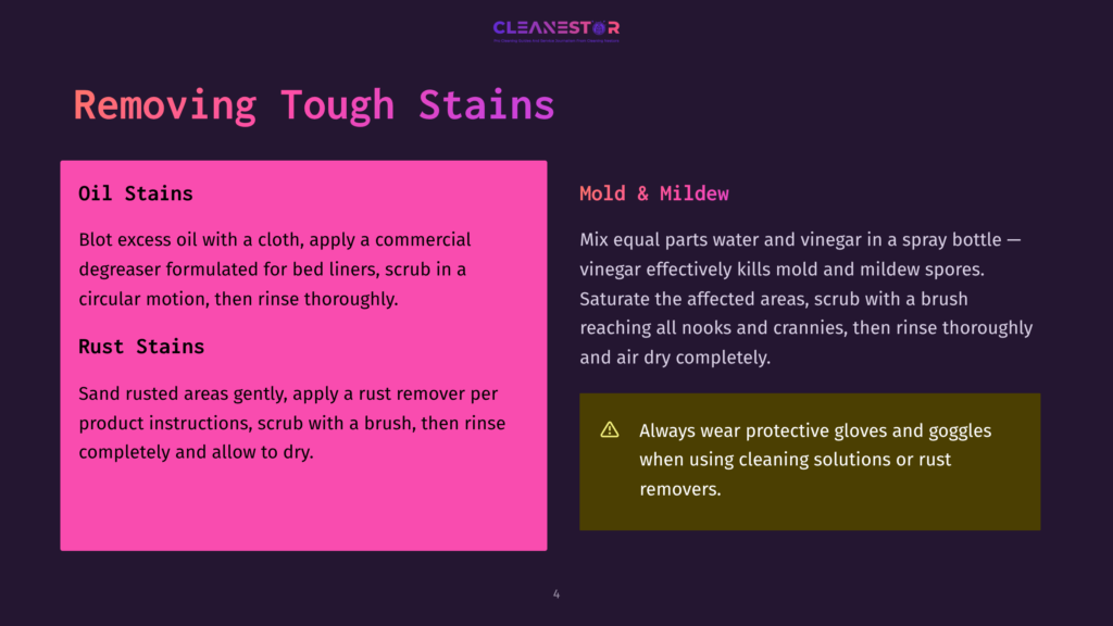 A Dark Background With Two Pink And Yellow Panels. The Pink Panel On The Left Is Titled &Quot;Oil Stains&Quot; And &Quot;Rust Stains,&Quot; With Instructions For Cleaning Them. The Yellow Panel On The Right Is Titled &Quot;Mold &Amp; Mildew&Quot; With Cleaning Instructions And A Warning Icon.