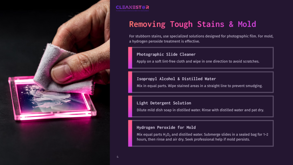 Close-Up Of A Hand Gently Wiping A Pink And Purple Glowing Photographic Slide With A White Cloth, Removing A White Smudge, Under The Text &Quot;Removing Tough Stains &Amp; Mold&Quot;.