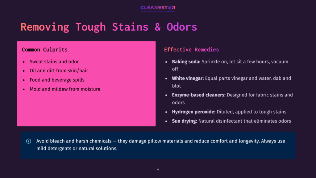 Presentation Slide Titled &Quot;Removing Tough Stains &Amp; Odors&Quot; From Cleanestor, Listing Common Culprits Like Sweat, Oil, Food Spills, And Mold, And Effective Remedies Including Baking Soda, White Vinegar, Enzyme-Based Cleaners, Hydrogen Peroxide, And Sun Drying.