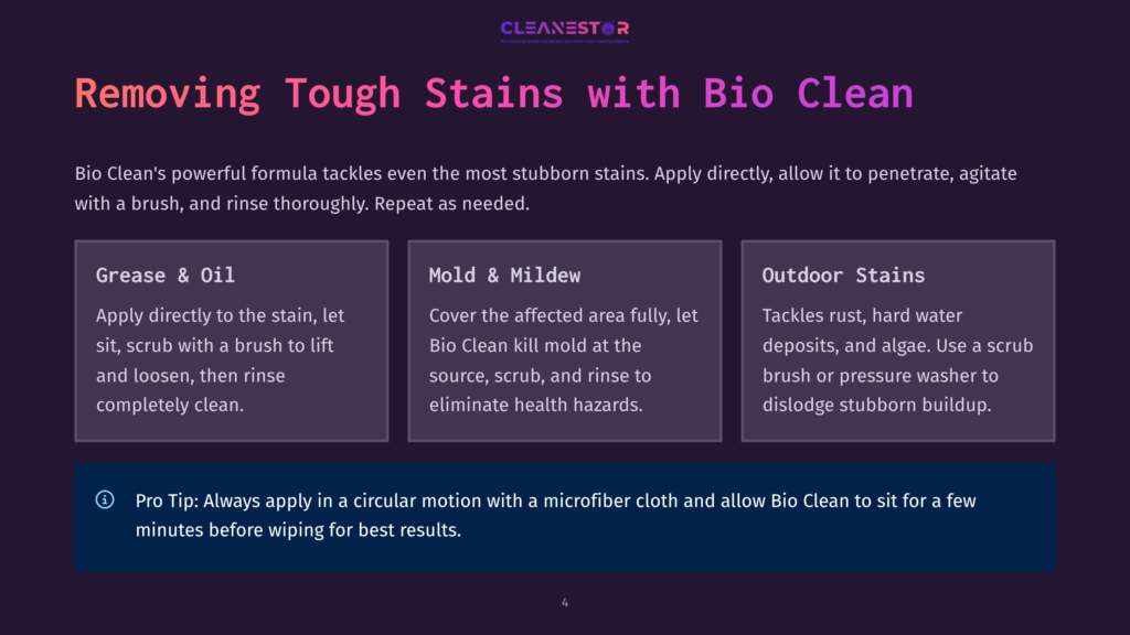 4 Removing Tough Stains With Bio Clean A Graphic Titled &Quot;Removing Tough Stains With Bio Clean&Quot; With Three Sections: &Quot;Grease &Amp; Oil,&Quot; &Quot;Mold &Amp; Mildew,&Quot; And &Quot;Outdoor Stains,&Quot; Offering Cleaning Advice. A Pro Tip Advises Circular Motions With A Microfiber Cloth.