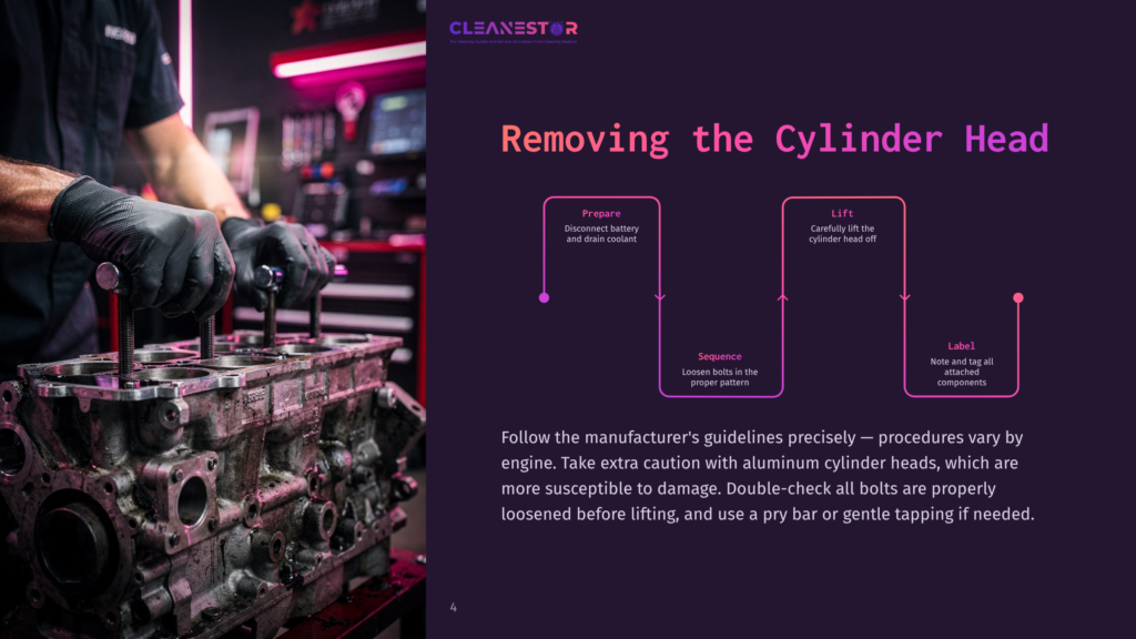 Mechanic'S Gloved Hands Work On A Disassembled Engine Block, With A Diagram Showing How To Remove The Cylinder Head.