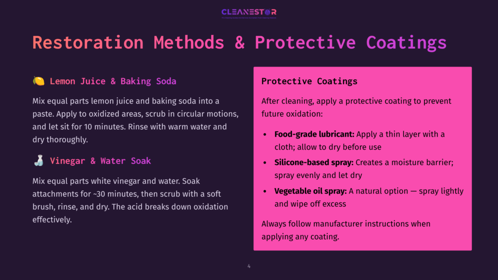4 Restoration Methods And Protective Coatings Two Cleaning Methods Are Displayed: Lemon Juice And Baking Soda For Oxidation, And Vinegar And Water For Removing Attachments. A Pink Background Outlines Protective Coatings To Prevent Future Oxidation, Including Food-Grade Lubricants, Silicone-Based Spray, And Vegetable Oil Spray.