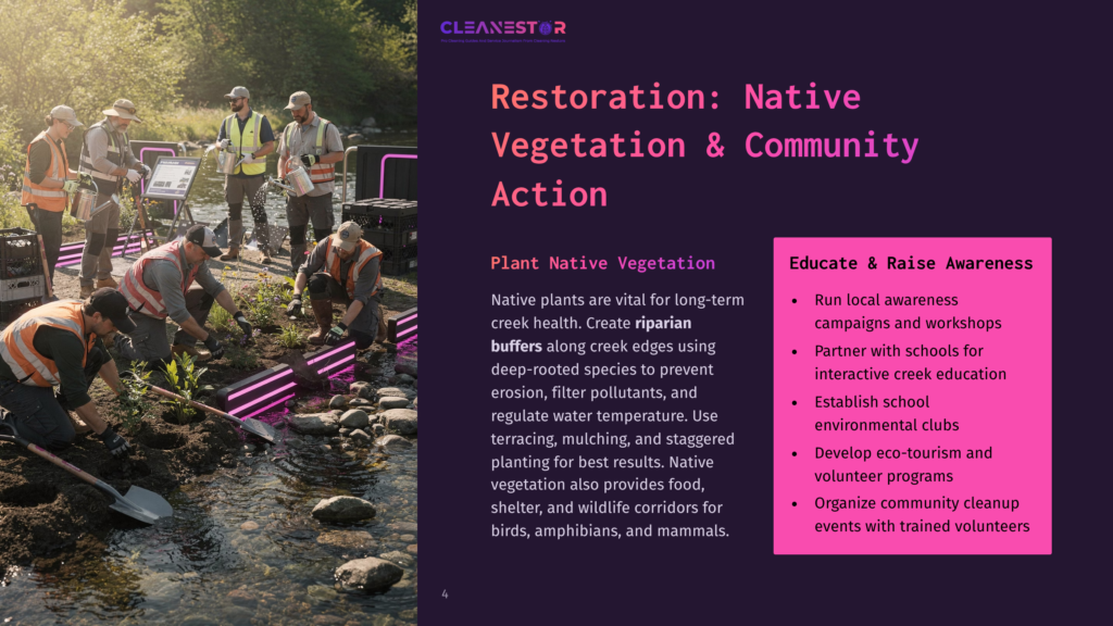 4 Restoration Native Vegetation And Community Action Volunteers In Bright Vests Plant Native Vegetation Along A Creek Bank, Focusing On Riparian Buffers For Erosion Control And Wildlife Habitat Restoration. Text Overlay: &Quot;Cleanestor: Restoration: Native Vegetation &Amp; Community Action. Educate &Amp; Raise Awareness.