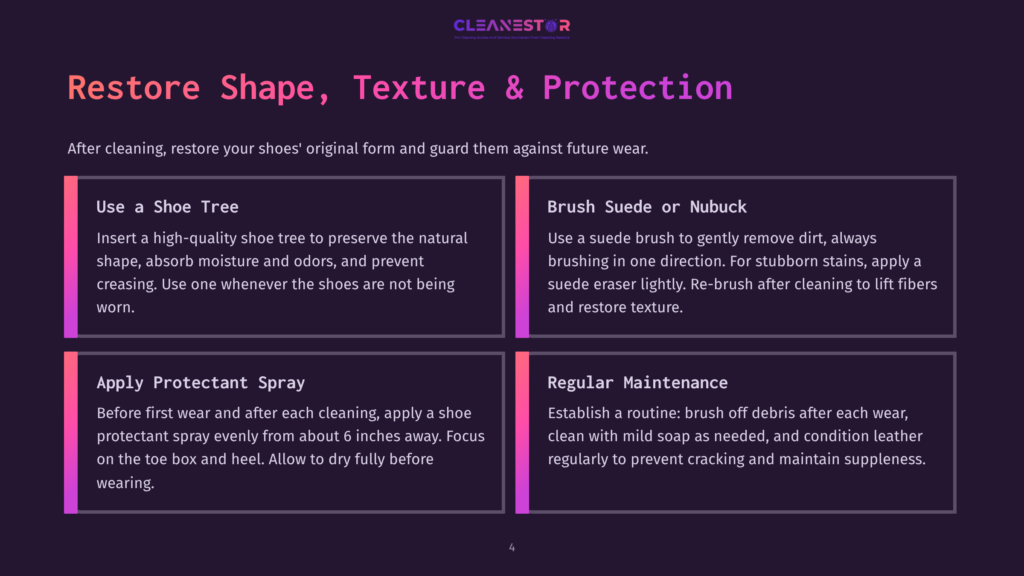 Infographic With The Title &Quot;Restore Shape, Texture &Amp; Protection&Quot; Detailing Shoe Care Tips: Use A Shoe Tree, Brush Suede Or Nubuck, Apply Protectant Spray, And Regular Maintenance. The Graphic Uses A Dark Purple And Pink Color Scheme.