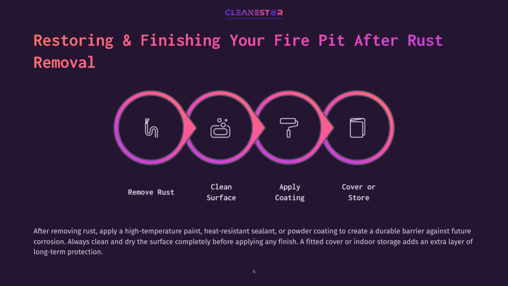 4 Restoring And Finishing Your Fire Pit After Rust Removal Flowchart Illustrating The Four Steps To Restoring And Finishing A Fire Pit After Rust Removal: Remove Rust, Clean Surface, Apply Coating, And Cover Or Store. The Graphic Features Colorful, Circular Icons Representing Each Step.