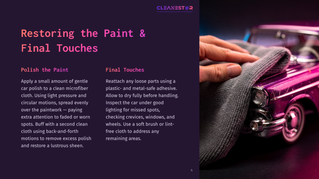 Close-Up Of A Hand Gently Buffing A Shiny Purple Classic Car With A Gray Microfiber Cloth, Showcasing The Final Touches Of A Car Restoration.